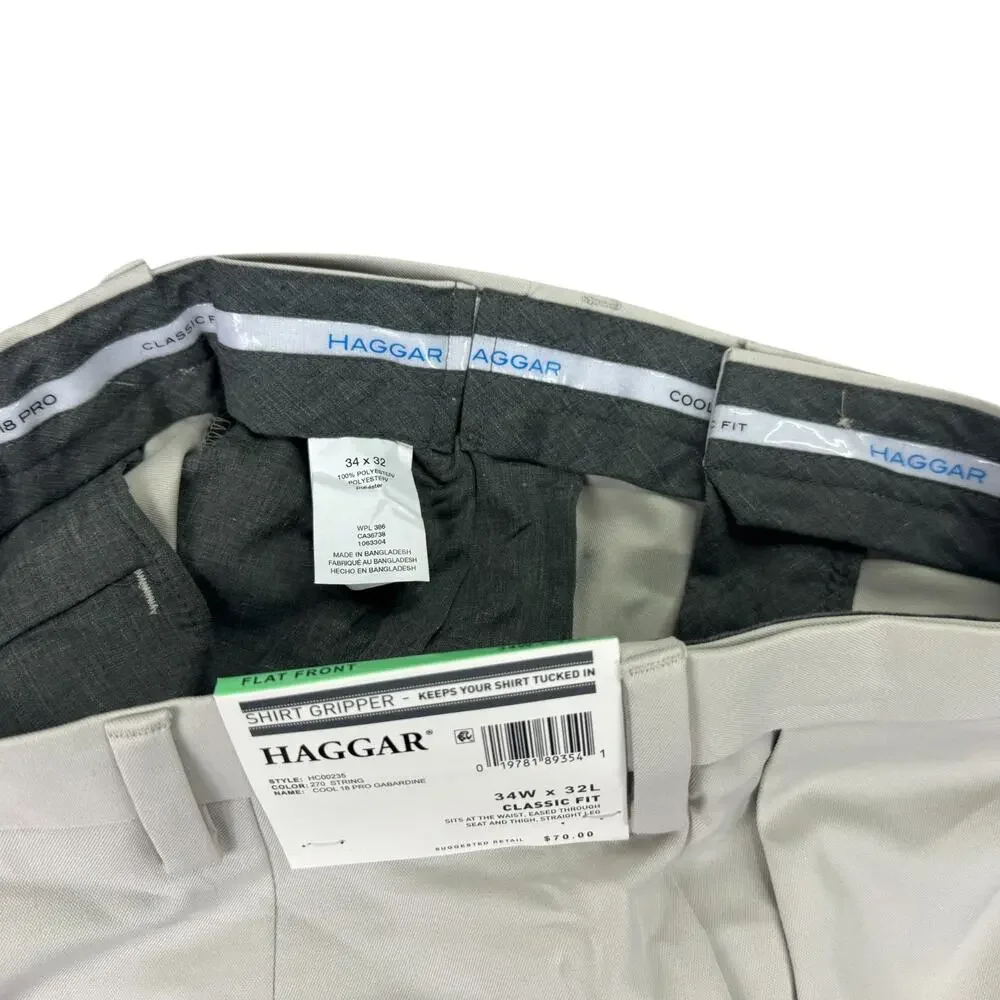 Haggar Mens Cool 18 Pro Classic Fit Flat Front Stretch Dress Pants Beige 34x32